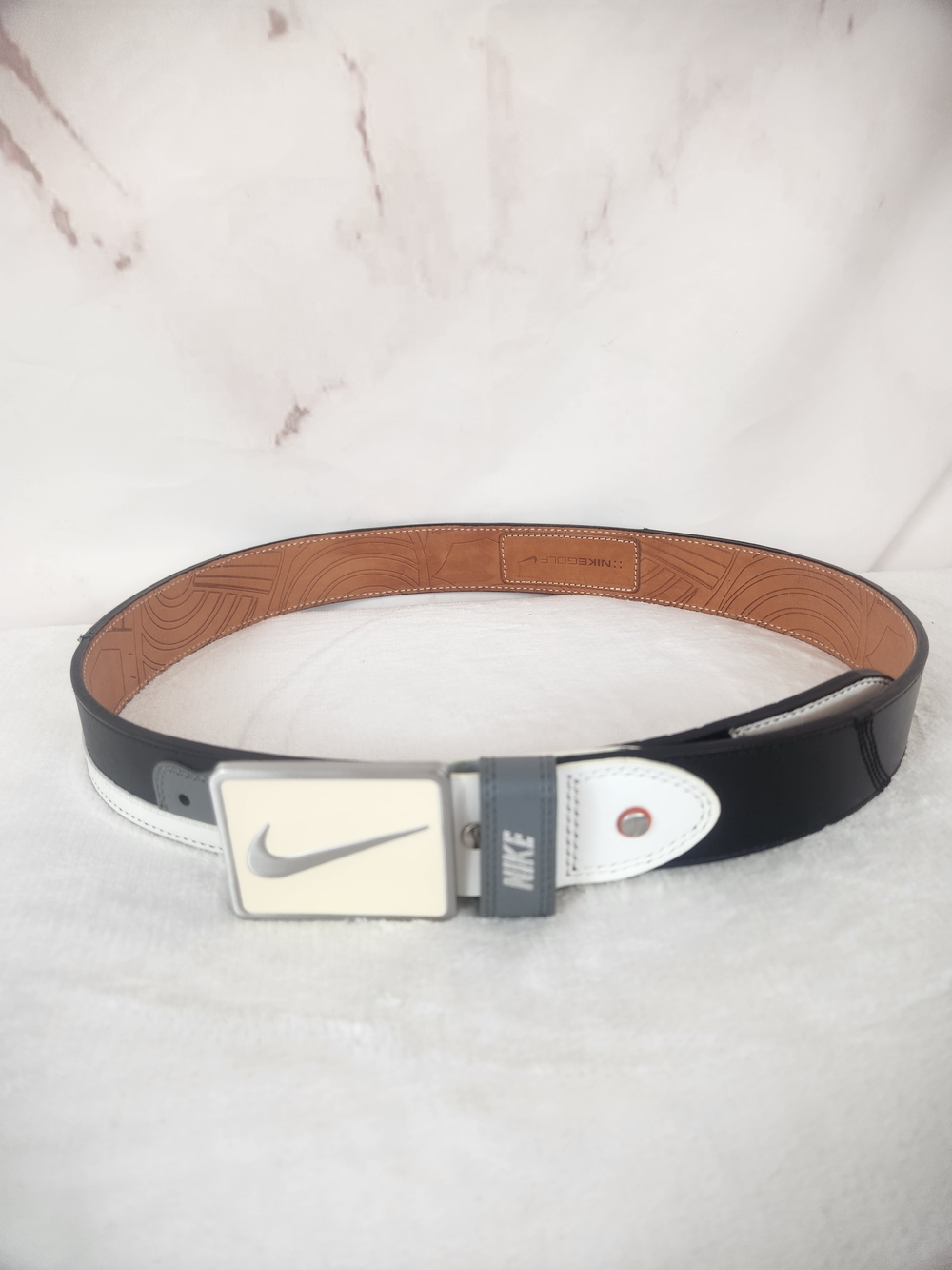*Like New* Nike Black, White & Gray Golf Belt with Swoosh Cream Buckle